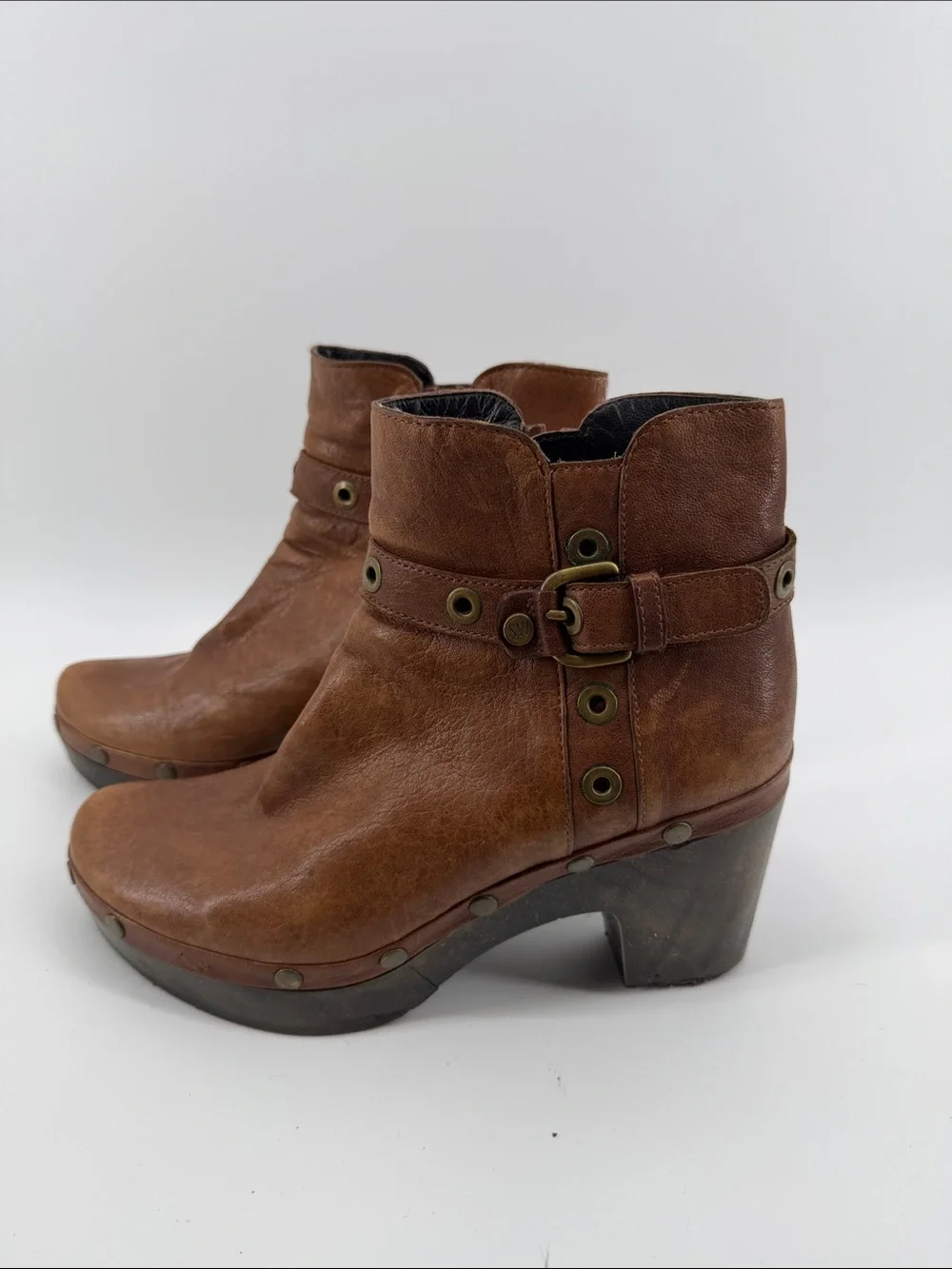 Stuart Weitzman Brown Leather Belted Clog Platform Moto Booties 10
